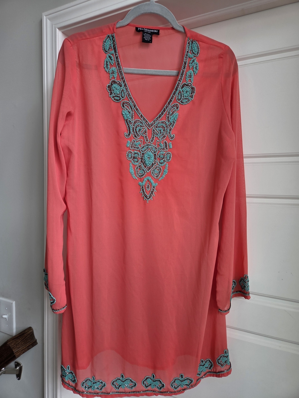 Mix Nouveau Coral And Turquiose Embellished V-Neck Swim Coverup - Picture 2 of 8